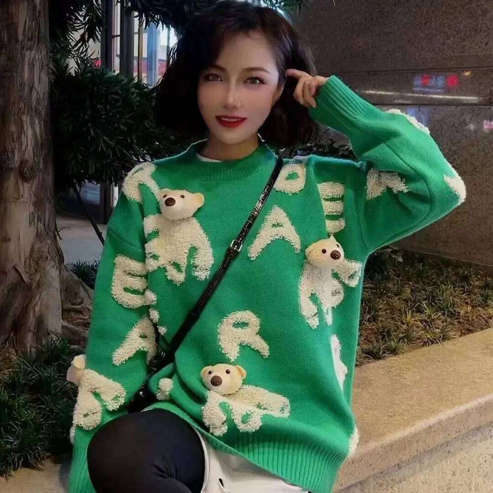 Women's Autumn Winter Cute Bear Letter Sweater Pullovers Lady Fashion O-Neck Loose Knitted Top Falls New Knitwear Clothes Female Z260313