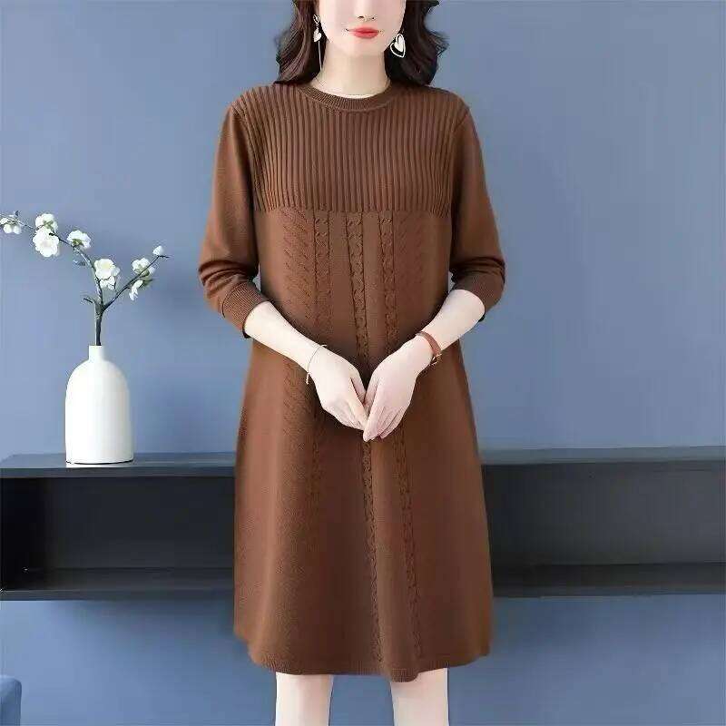 Women's Clothing Elegant All-match Solid Knit Dresses Autumn Winter New Casual Loose Long Sleeve Knee-Length Sweater Pullovers Z260313