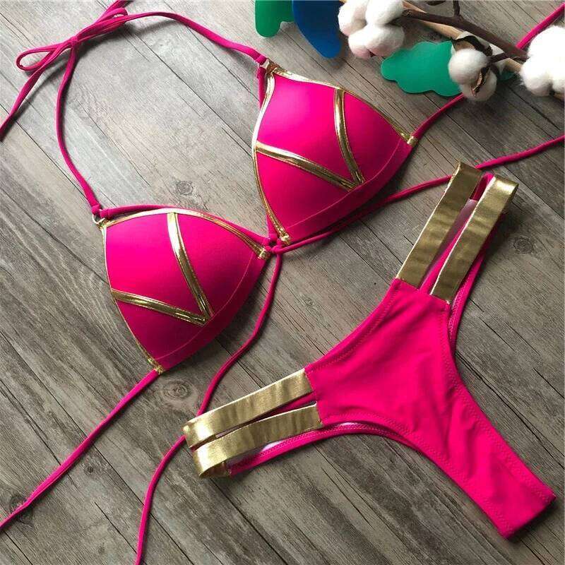 2024 New Red Swimwear Push Up Swimsuit Women Biquini Padded Bathing Suit Gold Stamping Brazilian Set Thong Sexy Bikini Y260303