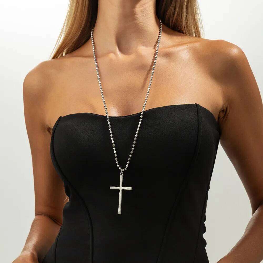 Original Design Liquid Metal Cross Acrylic Crystal Heart Pendant Long Necklace for Women Trendy Jewelry Two Ways To Wear It H260312