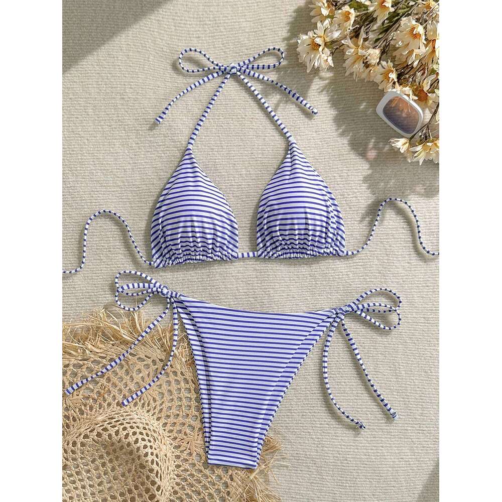 Women's Set, Sexy Blue and White Striped Print Halter Neck Tie-Up Triangle Top with String Bikini Bottoms, Beach Two-Piece Swimsuit 26H0313