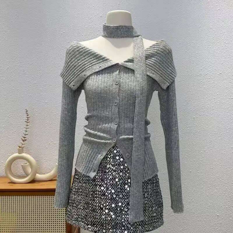 Korean Sweaters Turn-Down Collar Casual Long Sleeve Knitted Jumpers Y2K Vintage Subculture Punk Girl Women Clothing Z260314