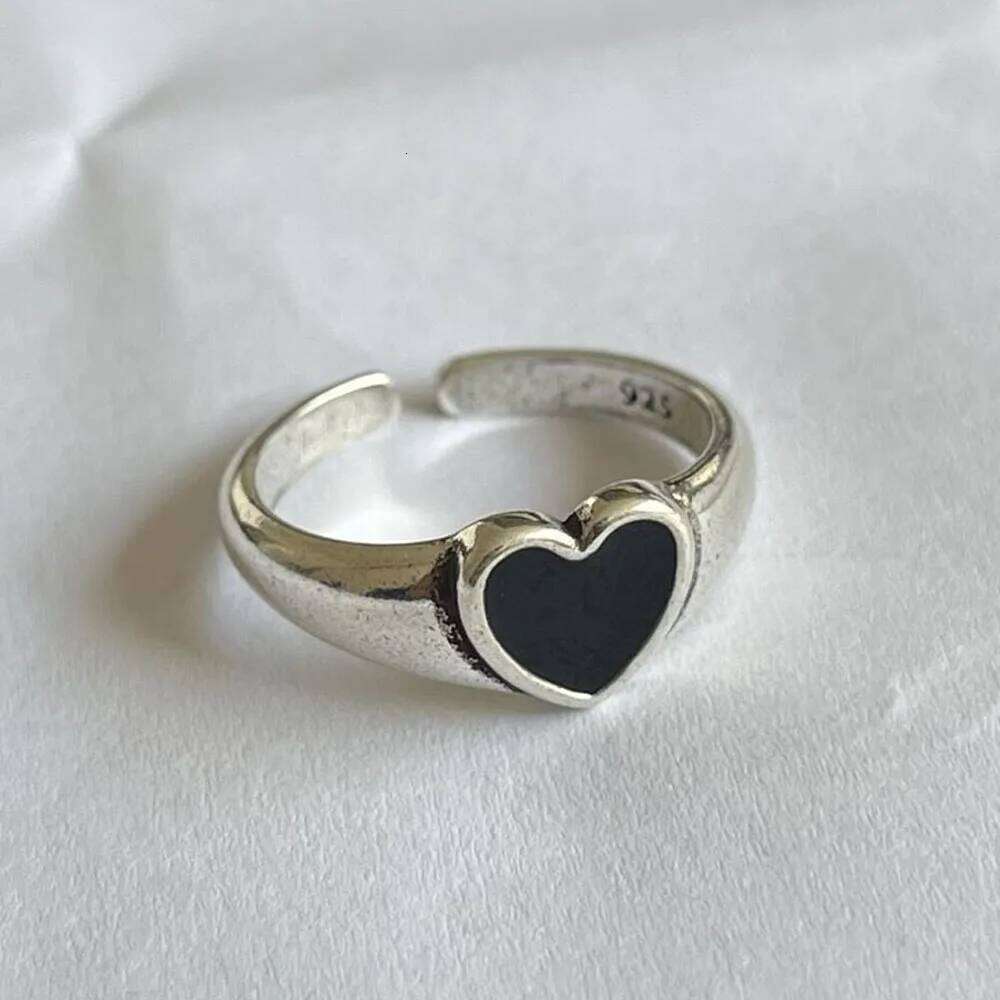 925 Sterling Silver Rings For Women Simple Vintage Handmade Adjustable Finger Black Heart Ring Fashion Band Female Bijoux Gift H260312