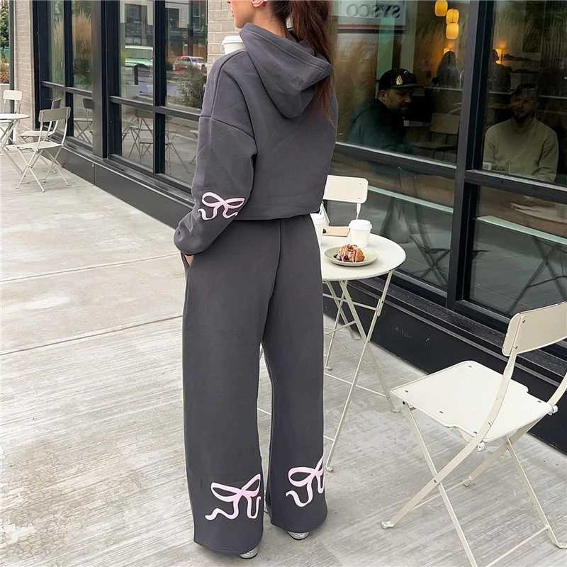 Spring Autumn Winter Loose Pants Leisure Suit Women Long Sleeve Bow Print Hoodie Top Trouser 2 Piece Set Fashion Jogging Outfit M260313