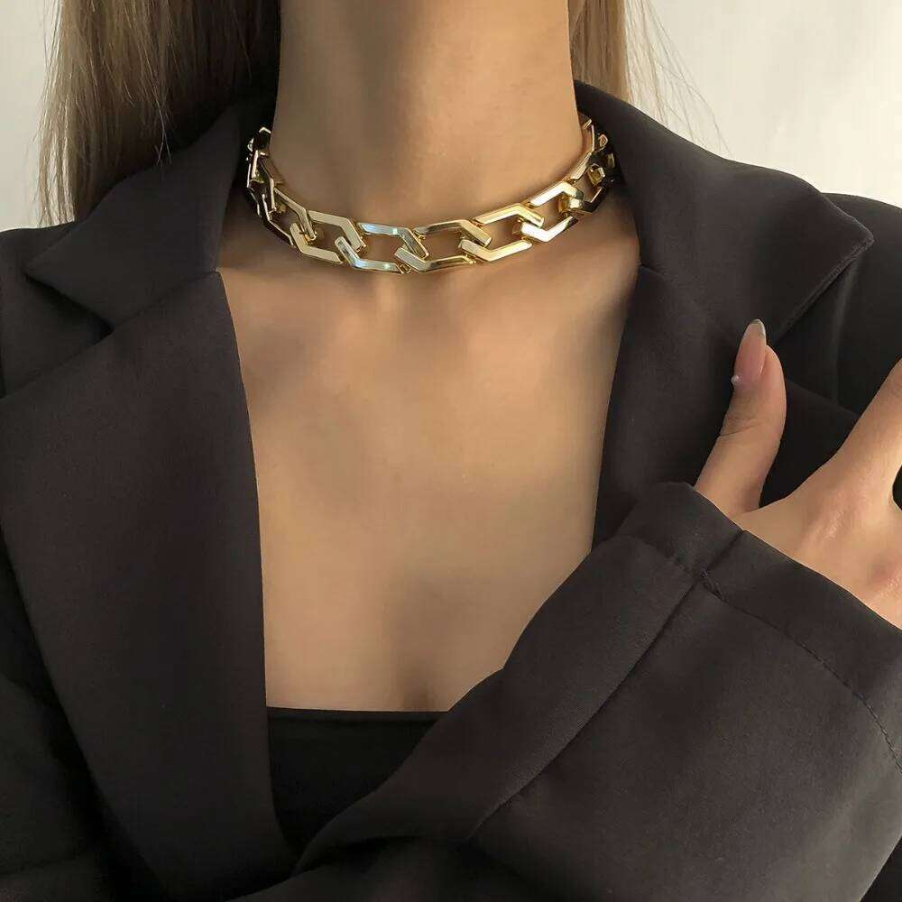 Trendy Punk Plastic Electroplating Metallic Texture Thick Necklace for Women Hip-hop Fashion Collar Chain Jewelry H260312