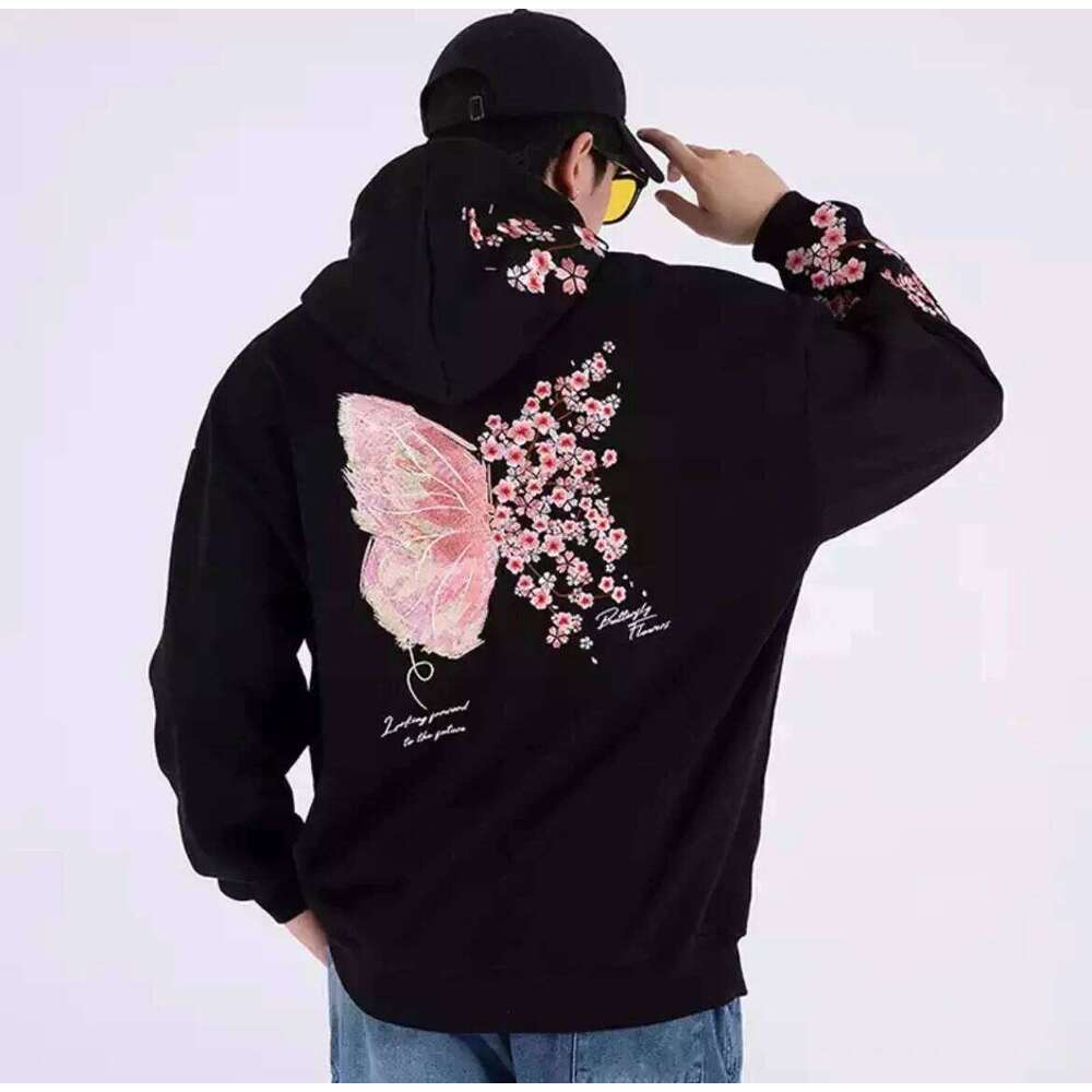 Man Hoodies 100% Cotton Butterfly Embroidery Harajuku Solid Pocket Hooded Sweatshirts Autumn Long Sleeve Loose Chinese Outwear Z260315