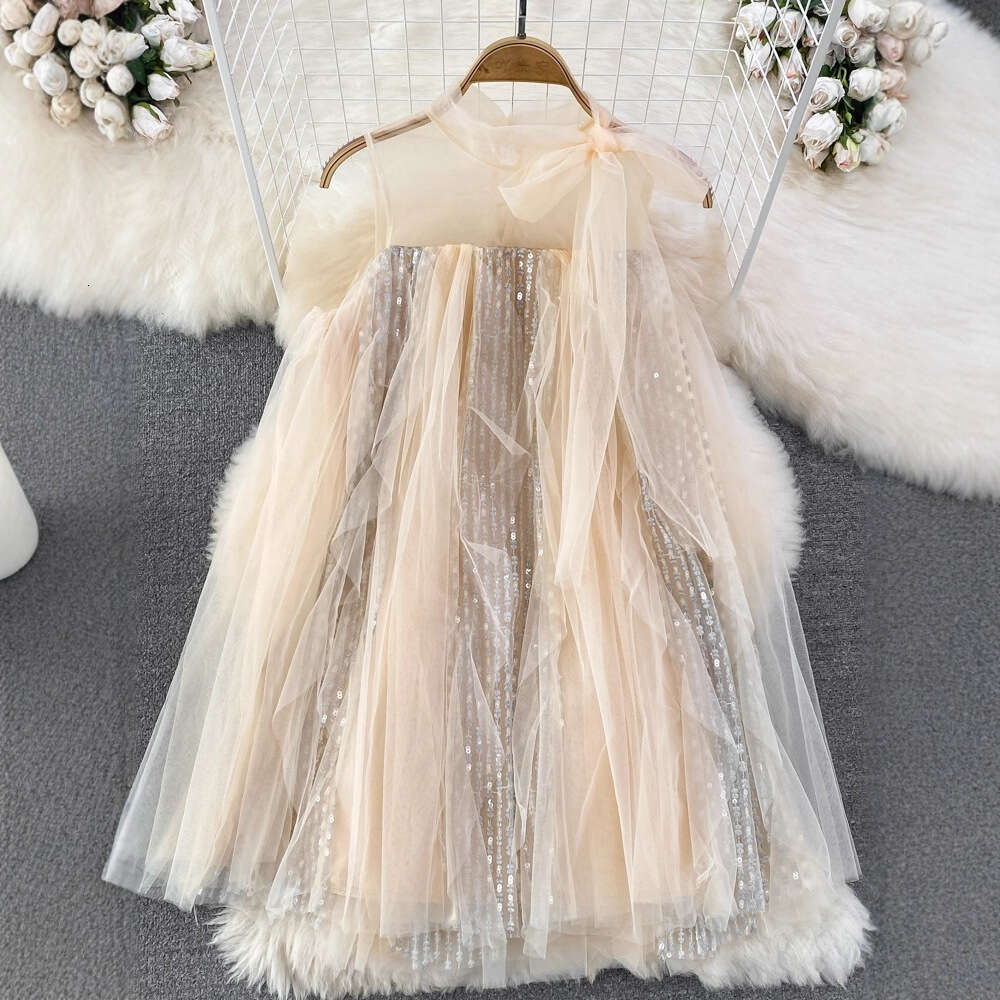 Designer French Sweet Fairy A19 Skirt Gentle Style Loose fit Round Neck Sleeveless Glitter A-line Mesh Skirt