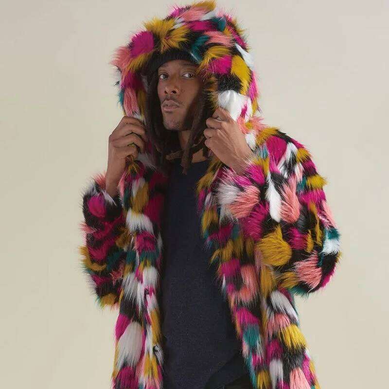Men Spliced Hooded Cardigan Faux Print Jackets Overcoat Fur Outerwear Coat Loose Autumn Slight Strech High Street 2025 Z260313