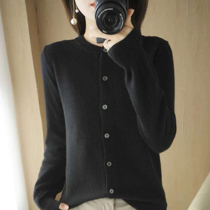 Wool-blend New Round Neck Knit Cardigan Women's Loose Short Sweater Casual Jacket Top Z260314