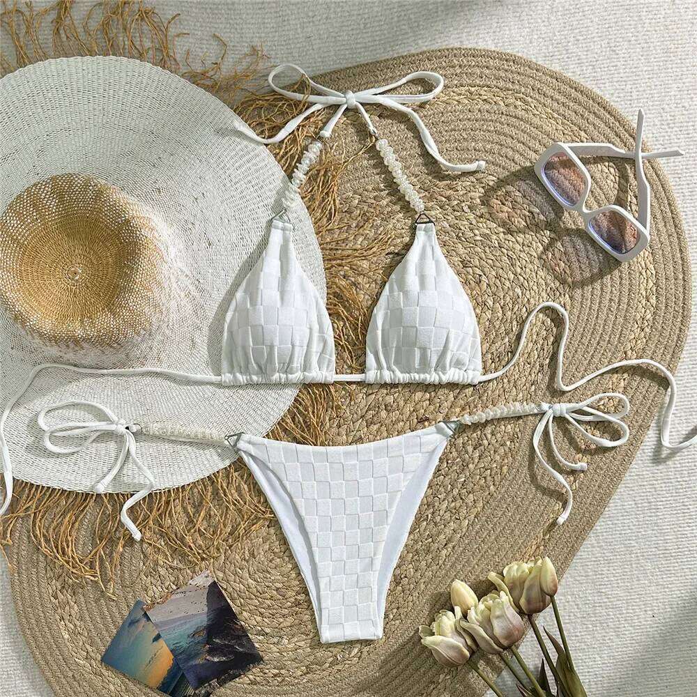 Light Purple Swimwear Pearl String Halter Micro Bikini Thong 2025 Sexy Swimsuit Women Bathing Suit Triangle Bikinis Sets Mujer Y260303