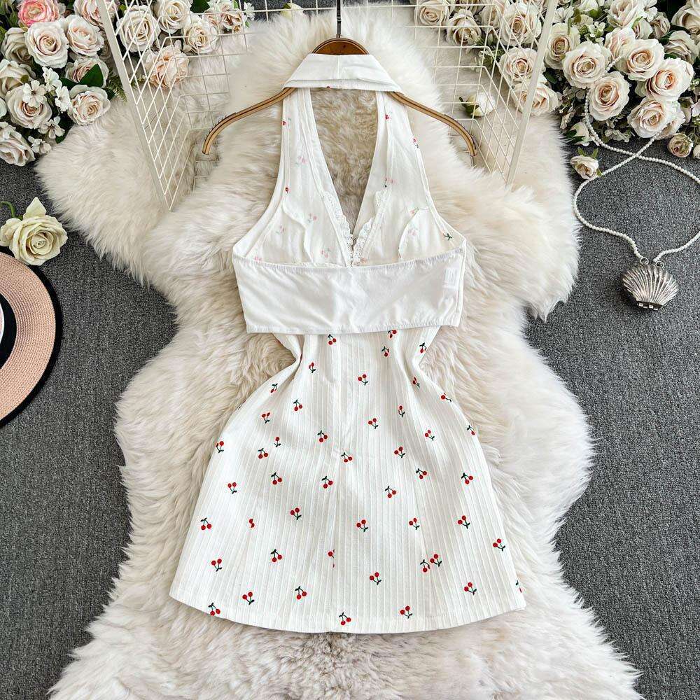 Designer's sweet and spicy deep V-back printed waist cinching women's age reducing dress with pure A12 desire style and sexy slimming A-line