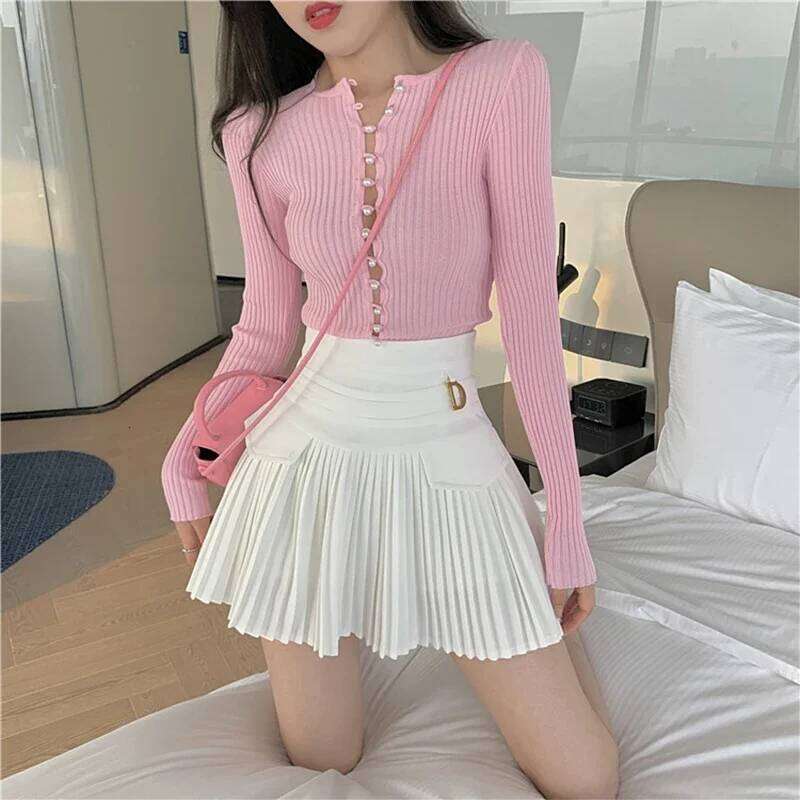 White Pleated Skirts Fashion Sexy Casual Slim College Women High Waist Mini Metal Letter D A-Line Clubwear Korean Style Z260314