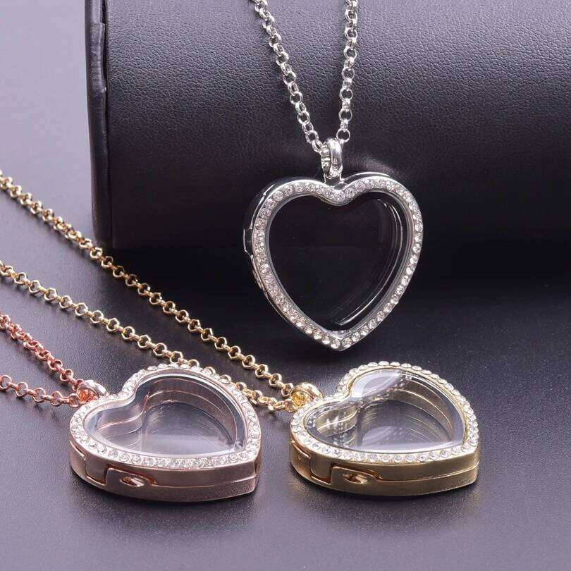 Heart Locket Pendant Necklace For Women Men Accessories Rhinestone Floating Lockets Charm Necklaces Fashion Jewelry Gift 3 Color H260312