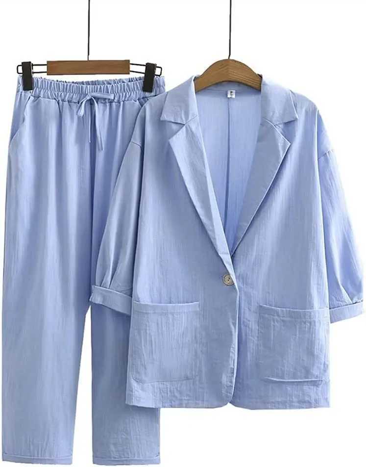 Womens cotton and linen 2-piece suit jacket trousers Spring and autumn loose fashion casual cotton and linen suit top set M260313