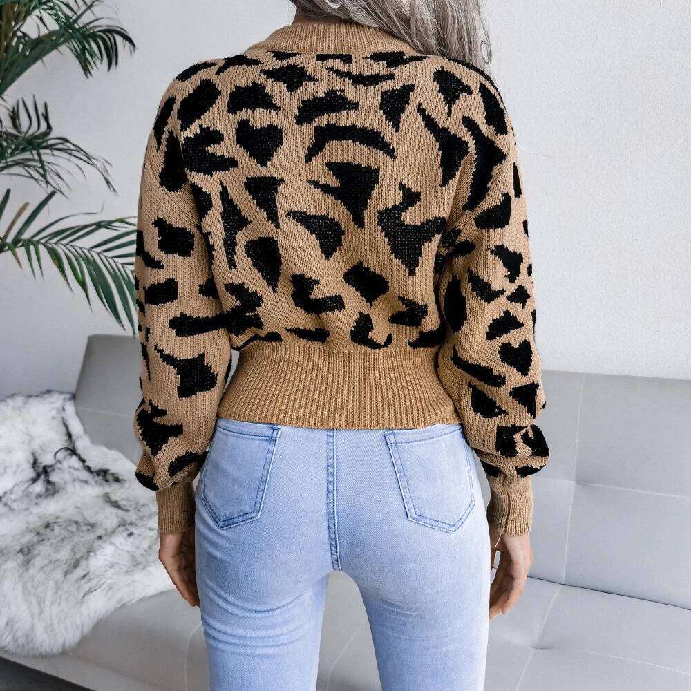 Autumn Winter Leopard Pattern Sweater Casual Women 2025 Round Neck Long Sleeve Knitted Short Pullover Z260313