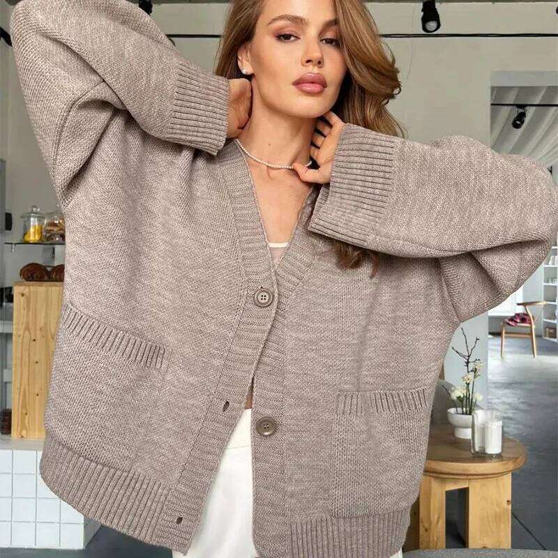 Yellow Knit Single Breasted Cardigan for Women Spring Autumn Loose V-Neck Sweater Coat Woman Warm Pockets Long Sleeve Cardigans Z260313
