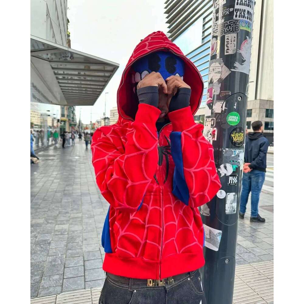 Classics America Gothic Red Spider Print Hooded Cardigan Coat Y2k Street Sweatshirt Zip Up Loose Men Women Hip Hop Hoodie Jacket Z260315