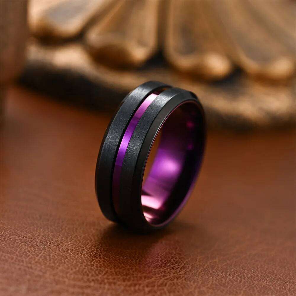 Fashion 8mm Purple black oblique two-color ring For Women Matte Brushed Men Stainless Steel Rings Wedding Band Jewelry Gifts H260312