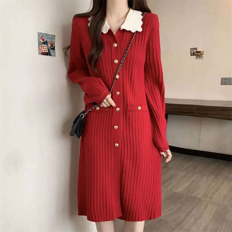 Casual Doll Collar Knitted Midi Dress Women's Clothing Solid Color Spring Autumn Single-breasted Long Sleeve Straight Dresses Z260313