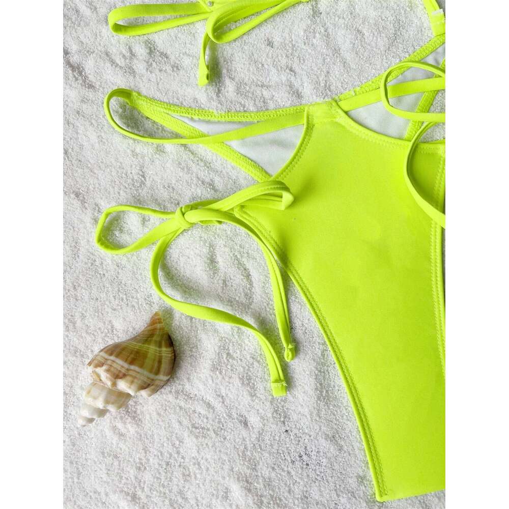 sexy bandage halter bikinis two pieces green tie high waist swimsuit Swimwear Biquini conjunto de bikini tankini Y260303