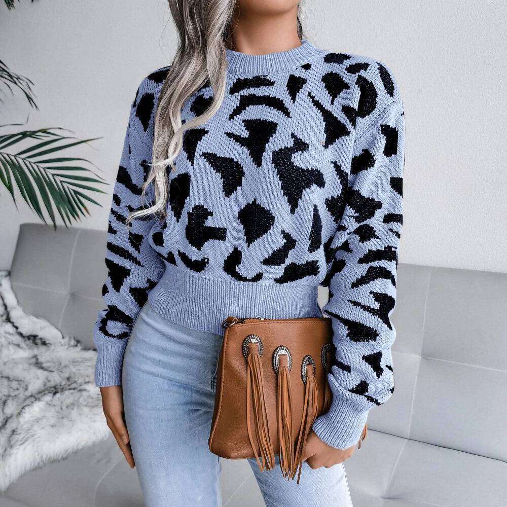 Autumn Winter Leopard Pattern Sweater Casual Women 2025 Round Neck Long Sleeve Knitted Short Pullover Z260314