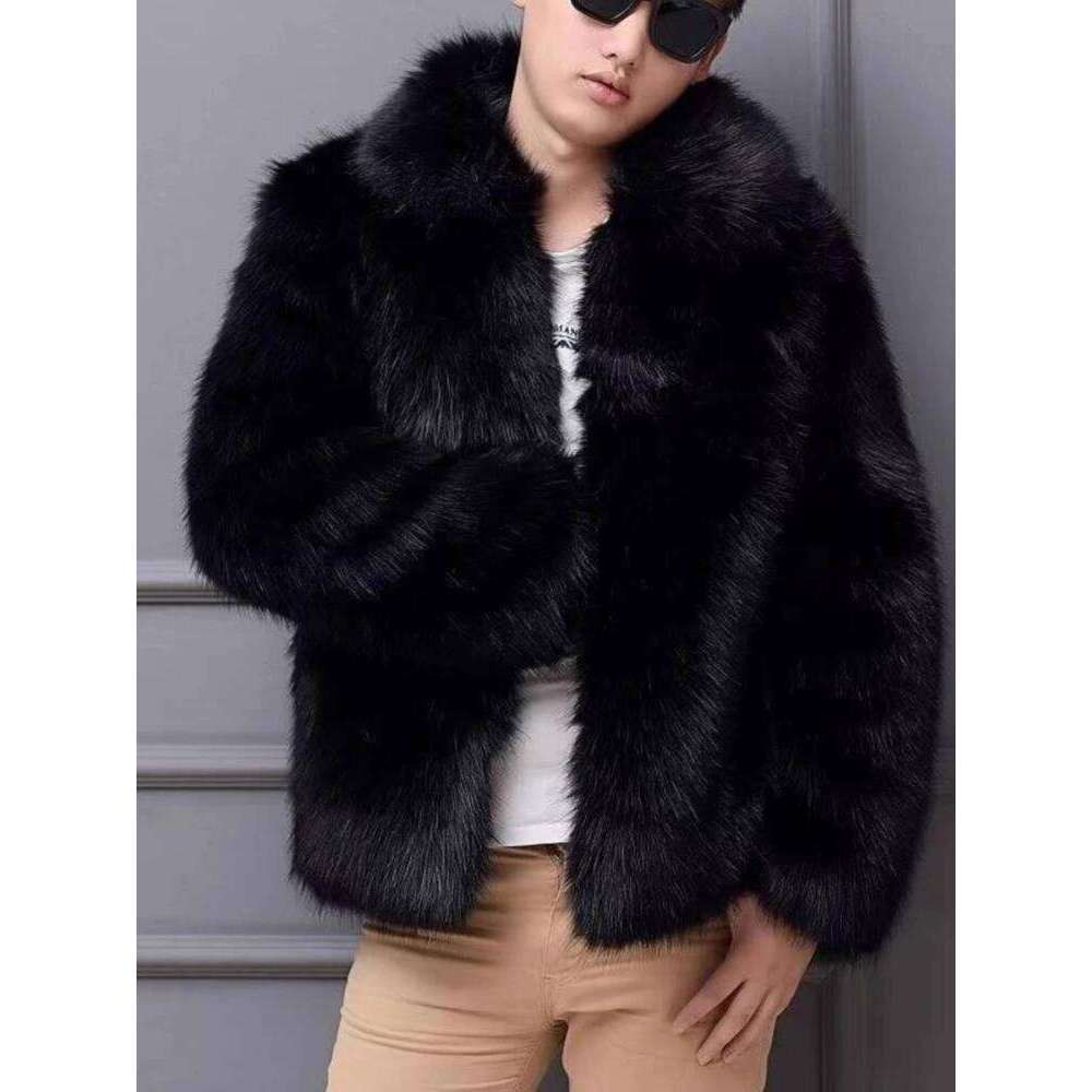 Men's Thickened Fox Jacket Plush Warm Faux Mink Solid Black Fur Coat Trendy Cold-Resistant Winter Outerwear Z260313