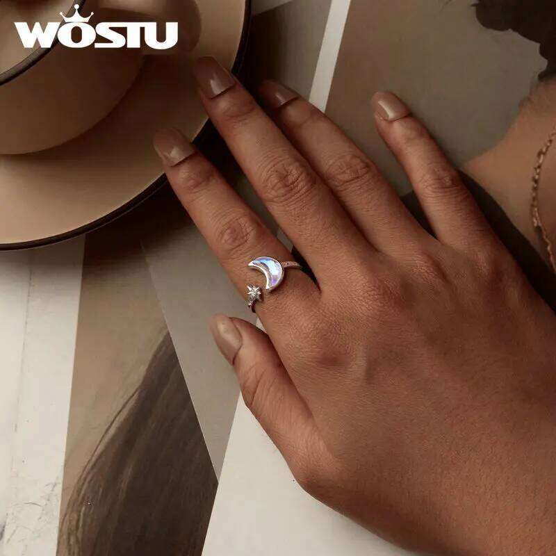 WOSTU 925 Sterling Silver Moon Star Open ring For Women Rainbow Moonstone Zircon Adjustable Rings ly Party Jewelry Gift New H260312