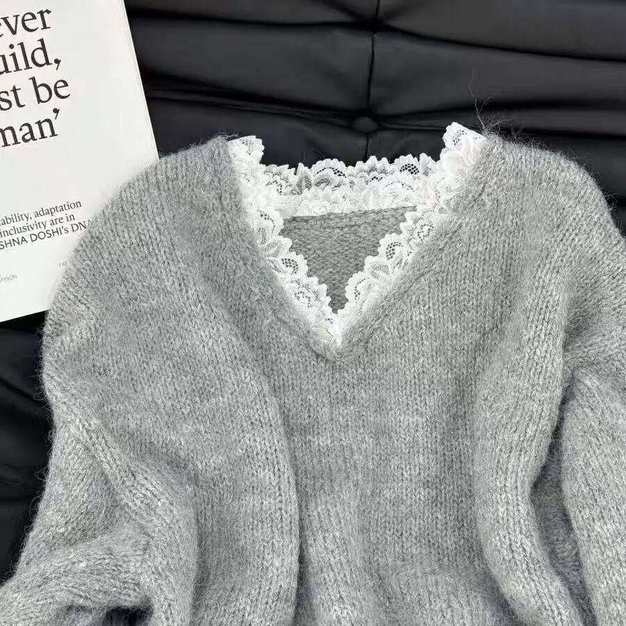 Elegant V-Neck Lace Patchwork Sweaters Women Fashion Office Lady Solid Loose-Fit Soft Knitted Pullover Z260313
