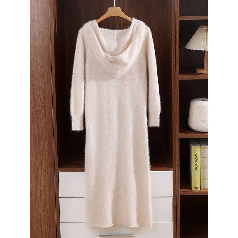 TLOML Women's 100% Mink Hoodie Pullover Casual Style Autumn Winter Solid Soft Warm Cashmere Knitted Long Dress Z260313