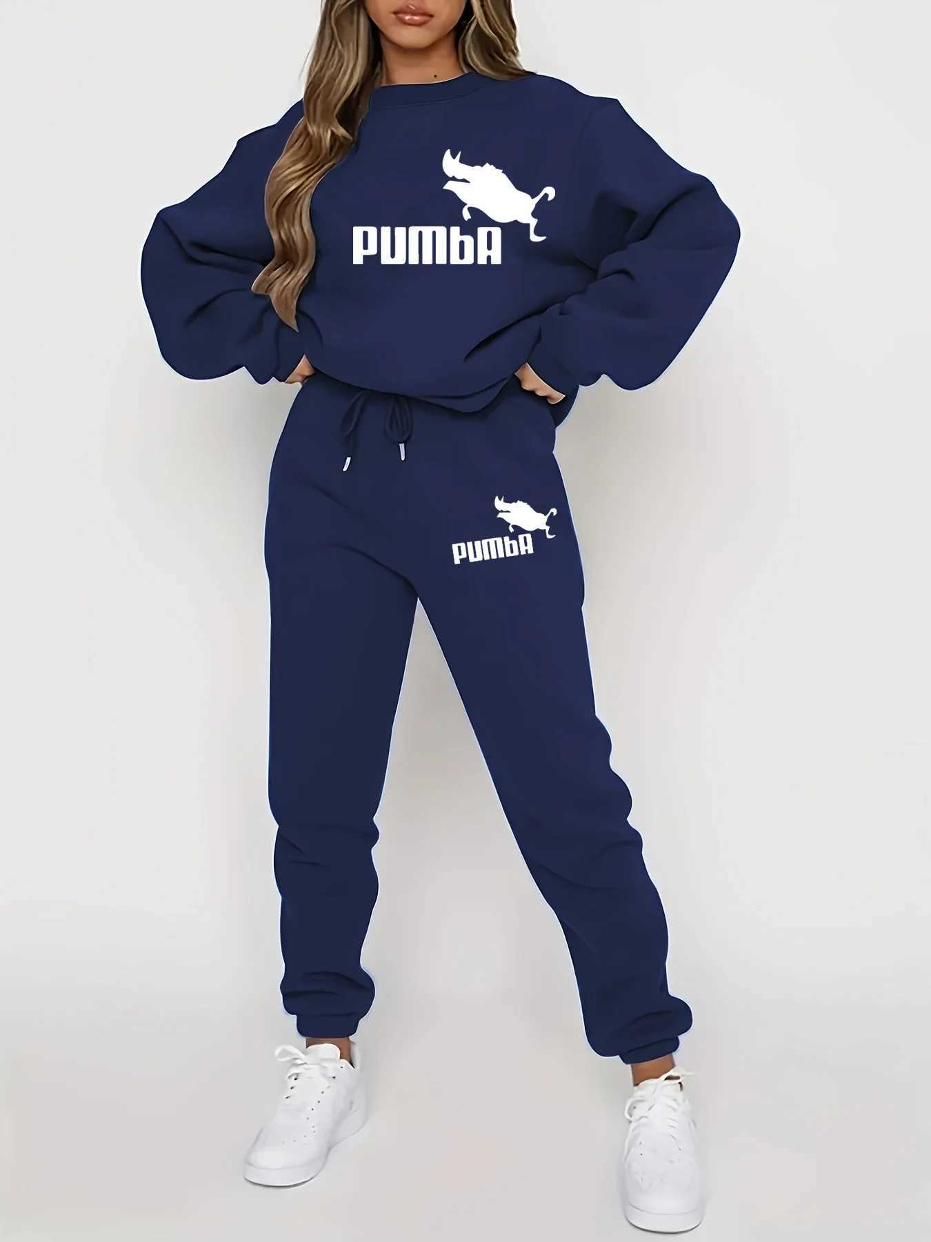 Womens autumn and winter hip-hop street casual letter pattern printed round neck sports shirtsports pants set warm clothing M260313