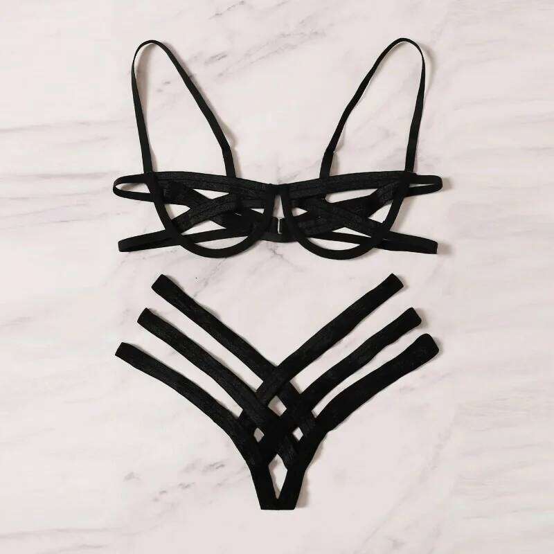 Bondage Harness Lingerie Set Womens Elastic Hollow Out Sets Black Cupless Cage Bra Thong Sexy Intimates Exotic Underwear