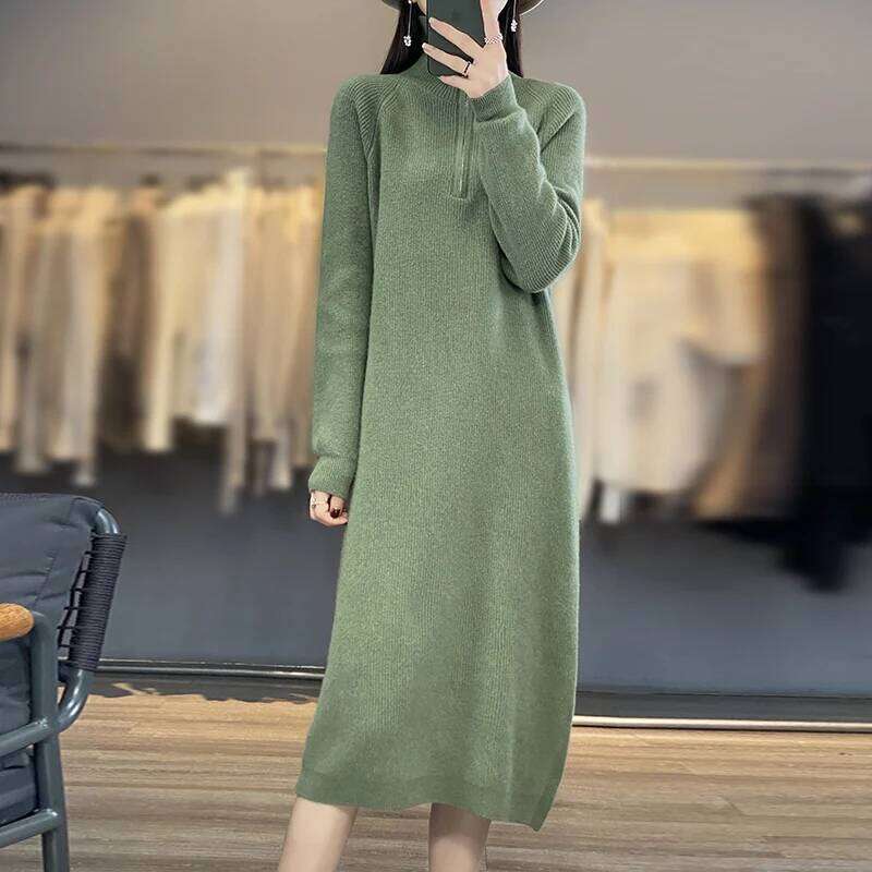Thick Zipper Mock Neck Chic Elegant Soft Warm Striped Basic Comfort Women's One-piece Dress 100% Merino Wool Exquisite Sweater Z260313