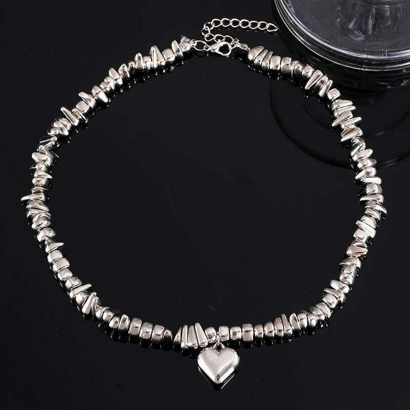 Gold Silver Color Heart Pendant Y2K Choker Necklaces for Women Fashion Texture Irregular CCB Beaded Necklace Daily Party Jewelry H260312