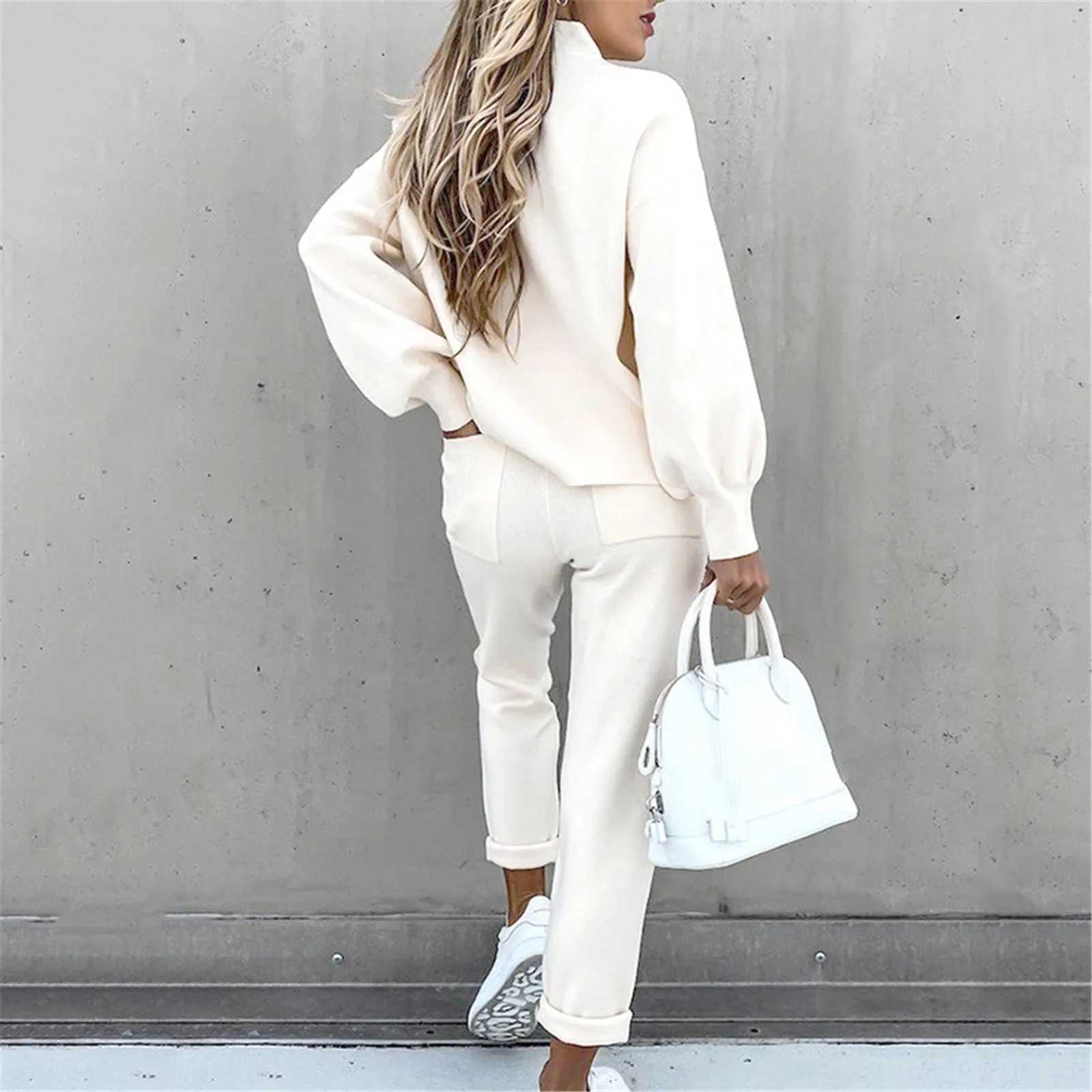 Elegant Cozy Women Two Piece Set Mock Neck Long Sleeve Top Popular Tie Waist Jogger Pants Loose Fit Comfy Casual Lounge Outfit M260313