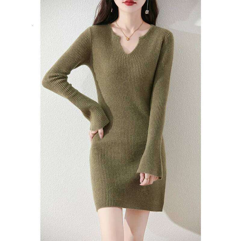 100% Merino Wool Elegant Knitted Dress Autumn Winter Women's Mid-Length Flare Sleeve Dresses Warm Sweater Bottoming Skirt Z260314