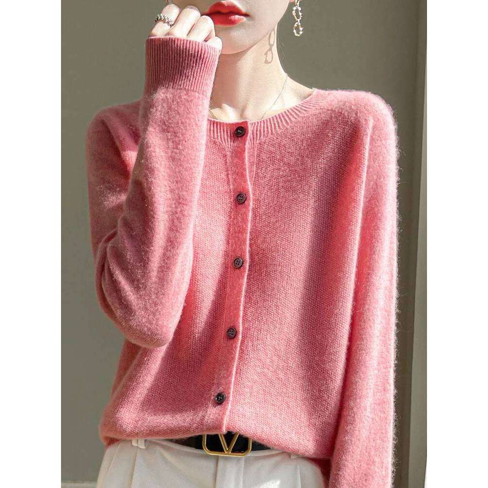Women 100% Merino Wool Cardigan Soft O-Neck Cashmere Sweater OL Buttoned Knitwear Casual Top Clothing Korean Style Z260313