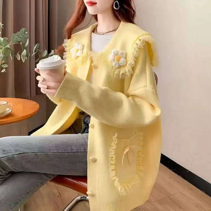 3D Flower Peter Pan Collar Packets Bow Lace Cardigan Sweaters Women Pullover 2025 Autumn Winter New Loose Knitted Sweater Tops Z260313
