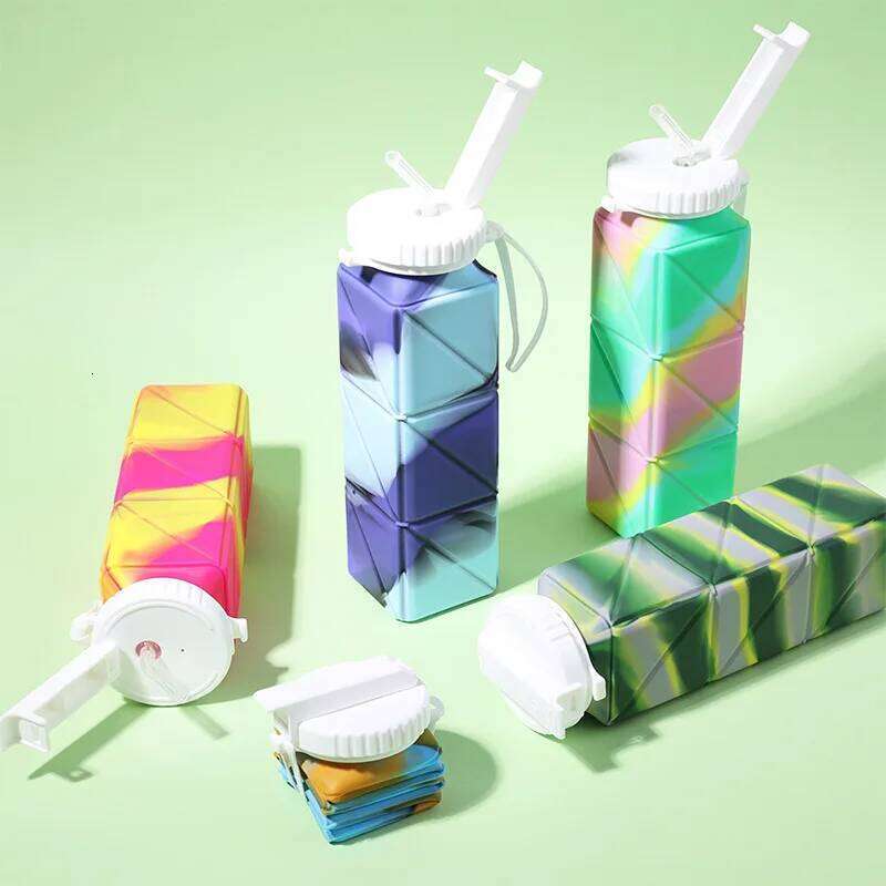 650ml Rainbow Folding Cup New Sports Outdoors Portable Travel Silicone Water Bottle Fitness Kettle Straw Cups Z260314