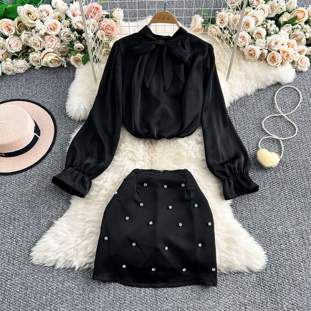 Designer socialite high-end two-piece set for women 2026 new French A13 bow satin shirt Rhinestone skirt