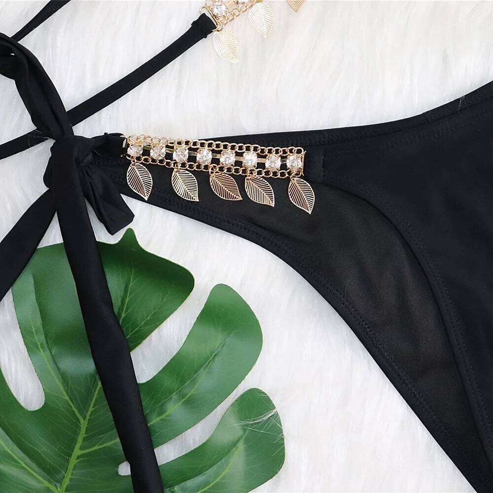 2025 Sexy Rhinestone Leaf Pendant Metal Chain Solid Swimwear Swimsuit Women Bikinis Set Bathing Suit Beach Bikini Female Y260303