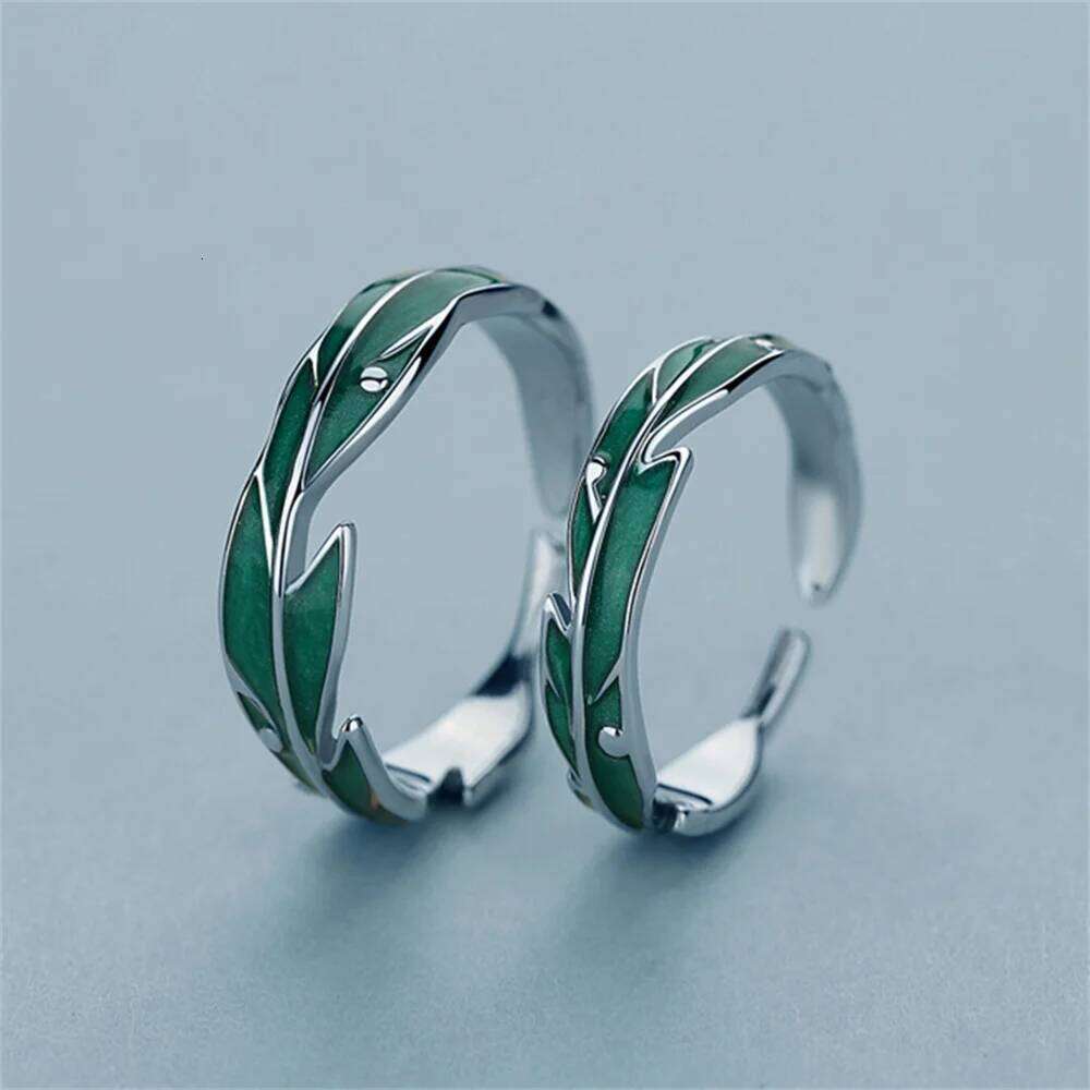 New Fashion Green Leaves Couple Rings For Women Men rs Forever Silver Color Open Ring Bridal Engagement Wedding Jewelry H260312
