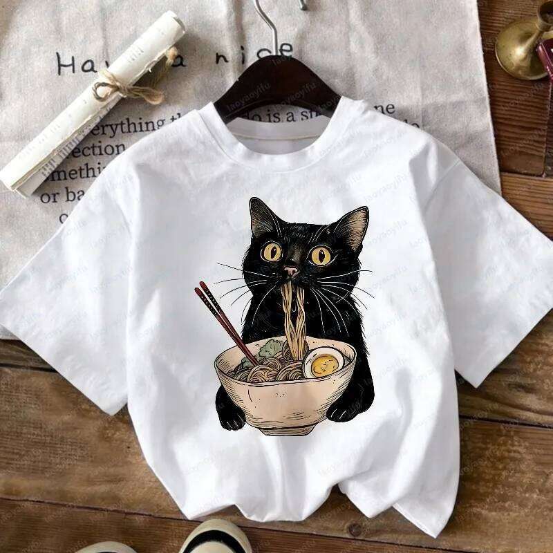 Casual Minimalist Cartoon Black Cat Eating Ramen Breathable Graphic Short Sleeve Fashion Cotton Shirt New Summer Women'S Top Z260314