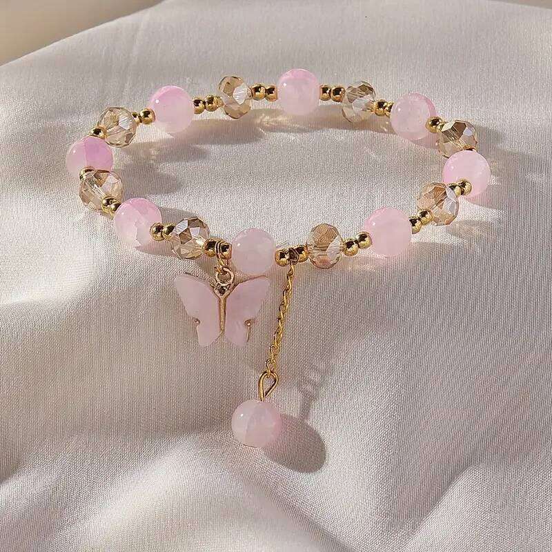 Purple Butterfly Beaded Stretch Bracelet For Women Multi Color Crack Faceted Beads Round Charm Cute Girls Jewelry Gift Z260313