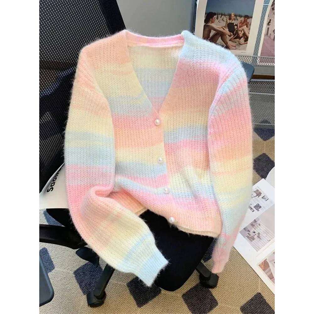 Fashion Rainbow Cardigan Sweaters Women Elegant Pearl Buttons Knitted Coat Chic V Neck Casual Korean Sweet Female Tops Z260313