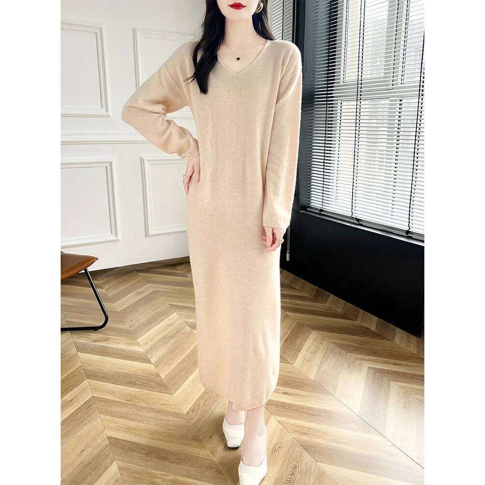 2024 New 100% Merino Wool Women Sweater V-Neck Pullover Long Dress Versatile Cashmere Knitwear Korean Popular Clothing Z260314