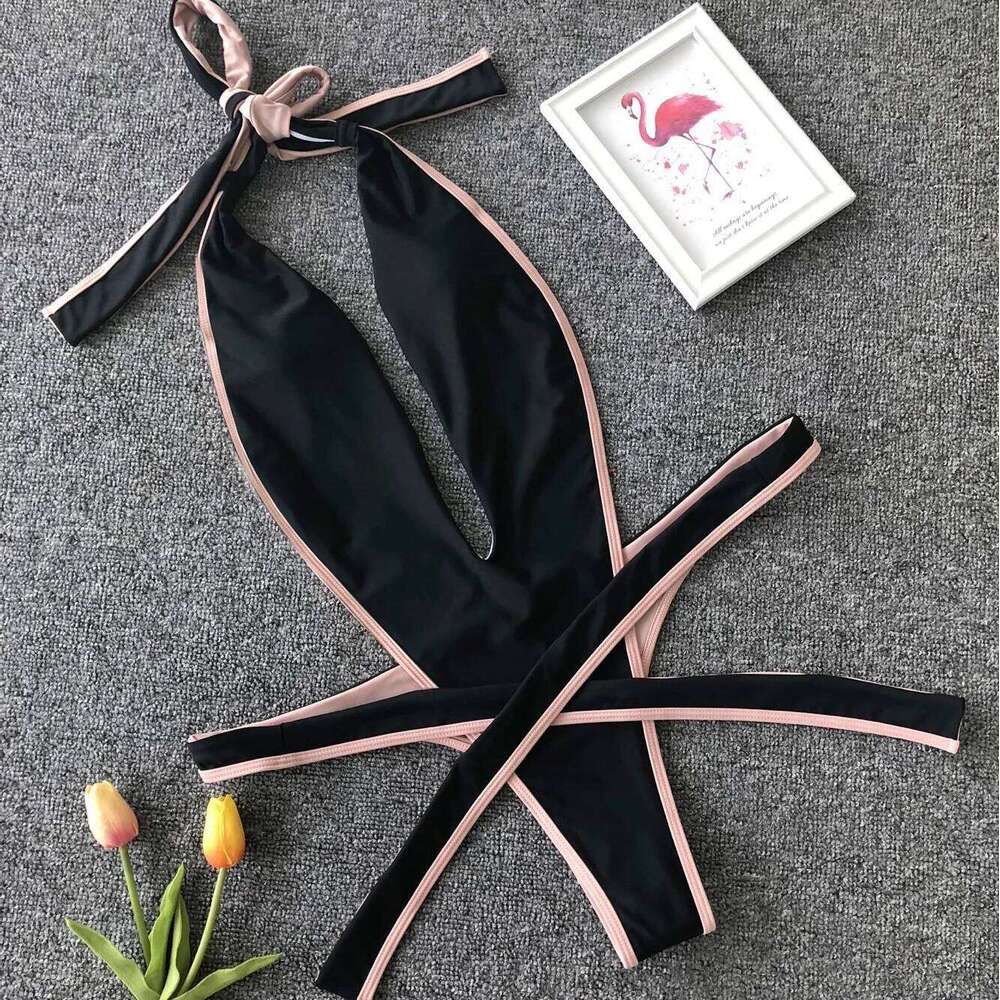 Sexy One Piece Swimsuit Thong Monokini Swimwear Women 2023 New Backless Cut Out Halter Bandage V Neck Plunging Bathing Suit Y260303