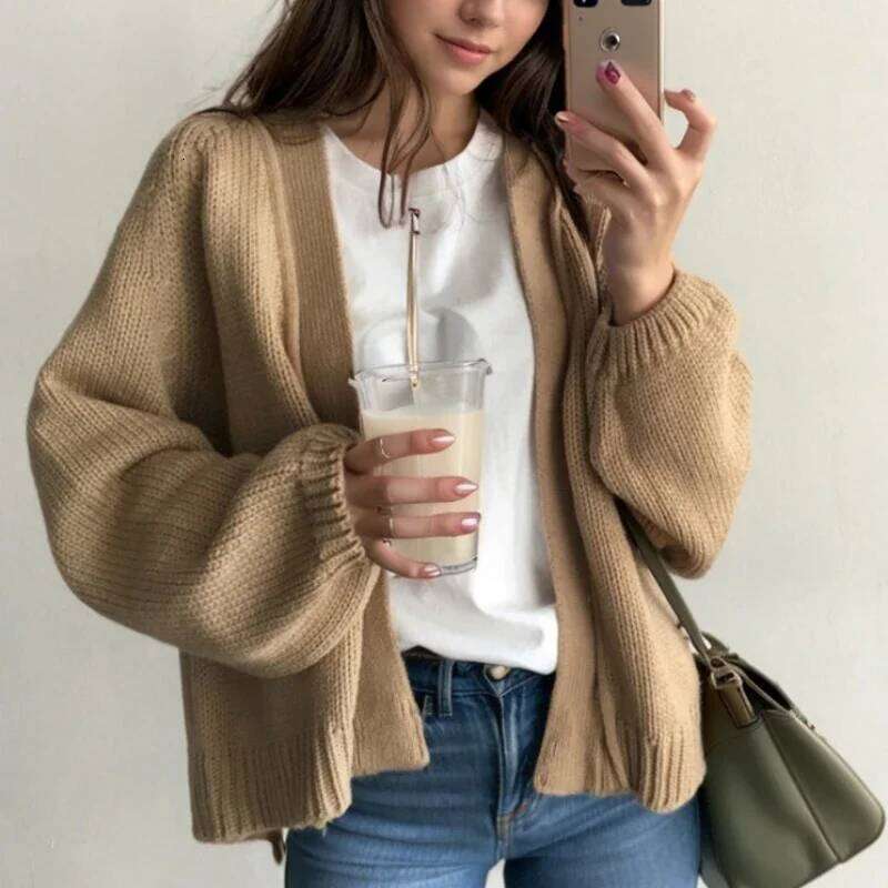 Autumn Fashion Women Loose Knitted Cardigan Short Sweater Jacket V Neck New Casual Office Solid Color Elegant Long Sleeve Coats Z260313