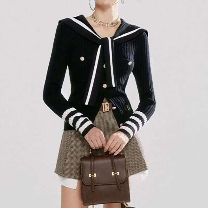 Preppy Style Knitted Women Striped Sailor Collar Cute Long Sleeve Sweater Elegant Sweet Autumn Winter Cardigan Z260313