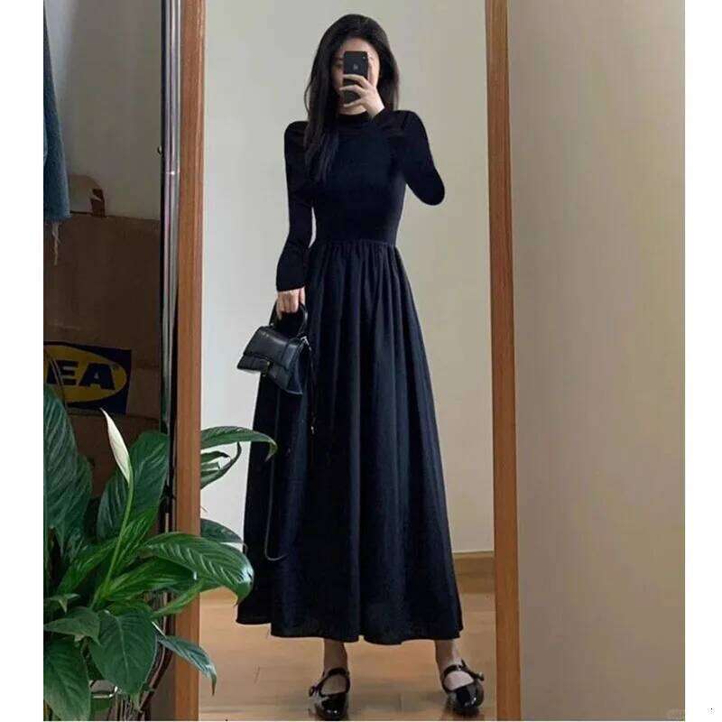 Lucyever French Style Black A-Line Dresses Women Elegant High Waist Long Sleeve Midi Autumn Winter Slim Fit Maxi Dress Z260314