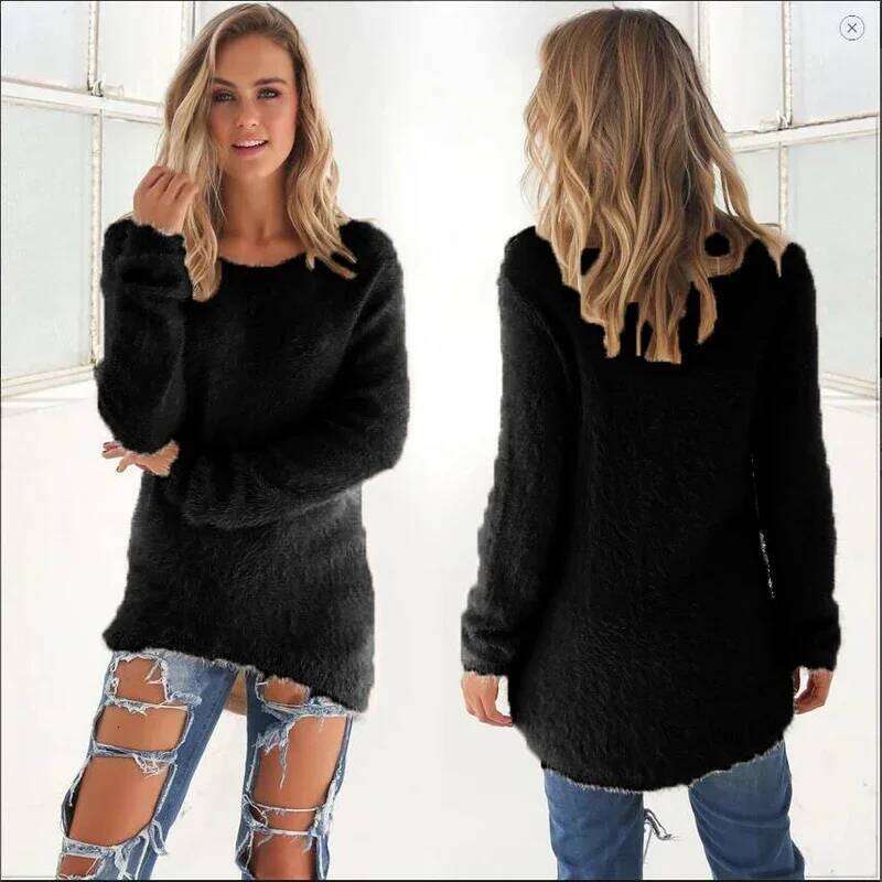 Women Warm Solid Color O Neck Loose Cotton Knitted Pullover Long Sweater Casual Oversize Blouse Ladies Hipster Clothing